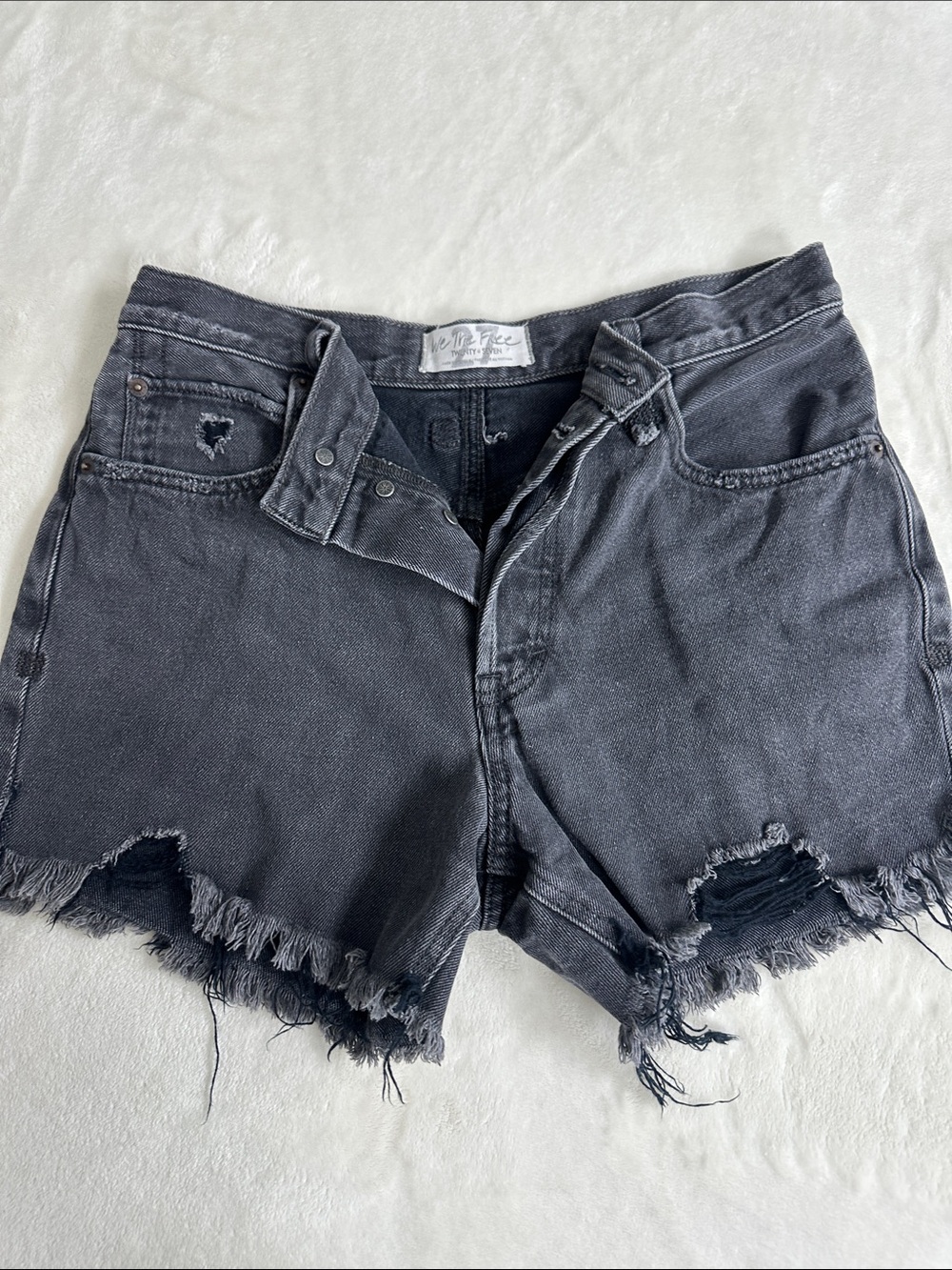We the Free Washed Black Denim Frayed Hem Shorts